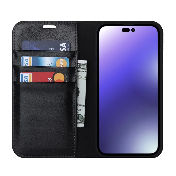 Para iPhone 15 Pro Crazy Horse Texture Anti-fall Cover Genuine Cow Leather Stand Wallet Phone Case - Preto