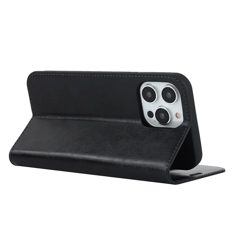 Para iPhone 15 Pro Crazy Horse Texture Anti-fall Cover Genuine Cow Leather Stand Wallet Phone Case - Preto