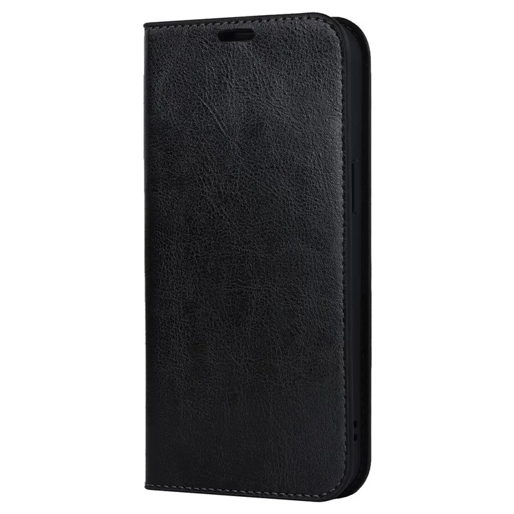 Para iPhone 15 Pro Crazy Horse Texture Anti-fall Cover Genuine Cow Leather Stand Wallet Phone Case - Preto