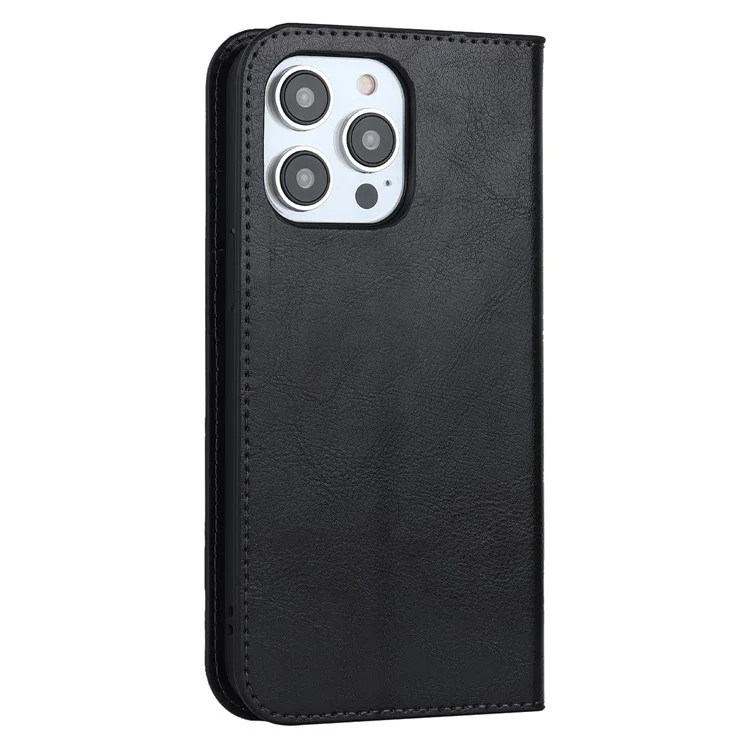 Para iPhone 15 Pro Crazy Horse Texture Anti-fall Cover Genuine Cow Leather Stand Wallet Phone Case - Preto