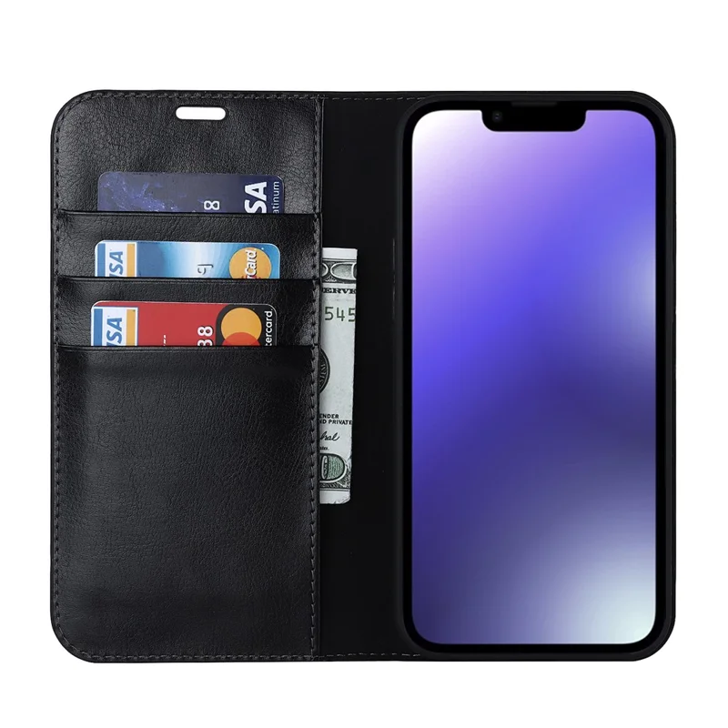 Para iPhone 15 Crazy Horse Texture Stand Cover Genuine Cow Leather Wallet Protective Phone Case - Black