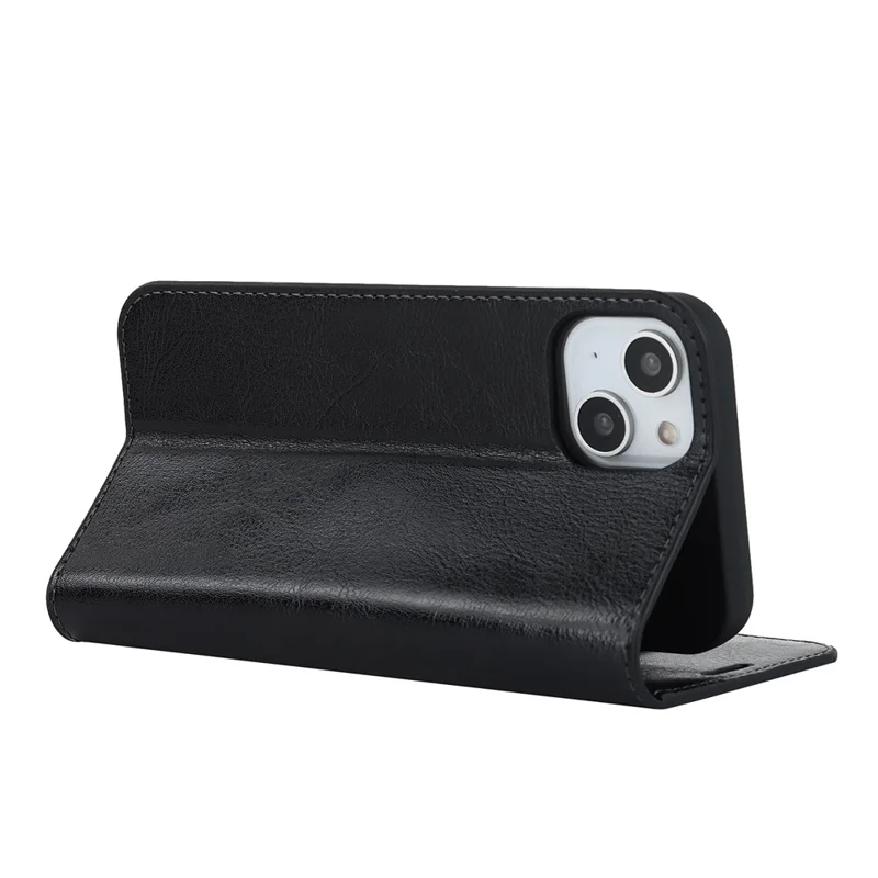 Para iPhone 15 Crazy Horse Texture Stand Cover Genuine Cow Leather Wallet Protective Phone Case - Black