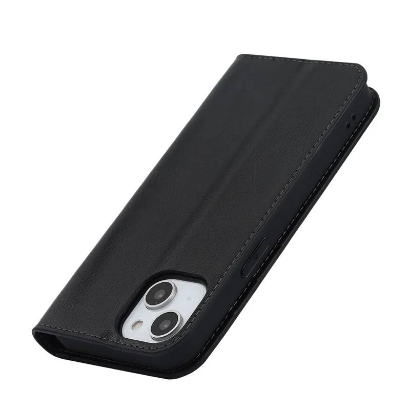 Para iPhone 15 Crazy Horse Texture Stand Cover Genuine Cow Leather Wallet Protective Phone Case - Black