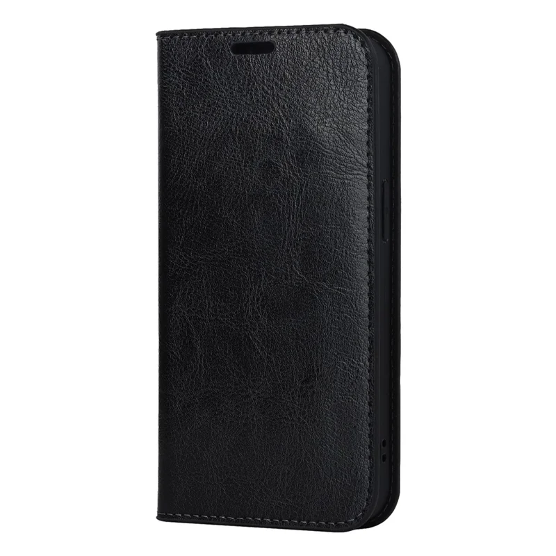 Para iPhone 15 Crazy Horse Texture Stand Cover Genuine Cow Leather Wallet Protective Phone Case - Black