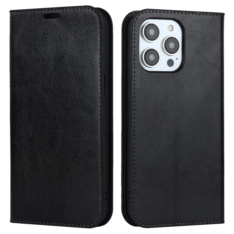 Pour iPhone 15 Pro Max Crazy Horse Texture Wallet Phone Cover Genuine Cow Leather Stand Case - Noir