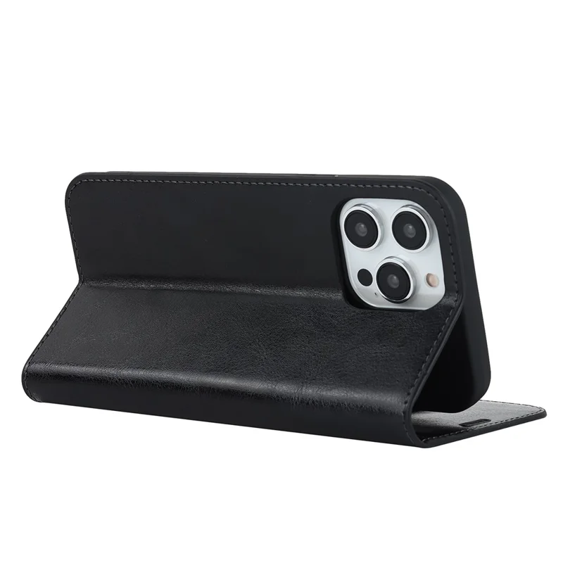 Pour iPhone 15 Pro Max Crazy Horse Texture Wallet Phone Cover Genuine Cow Leather Stand Case - Noir