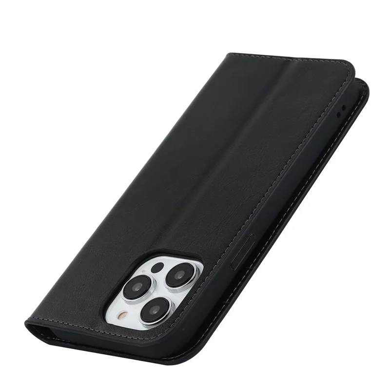 Pour iPhone 15 Pro Max Crazy Horse Texture Wallet Phone Cover Genuine Cow Leather Stand Case - Noir