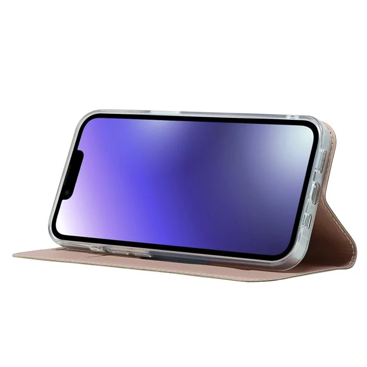 For iPhone 15 Plus Magnetic Closing PU Leather Phone Case Support Stand Cover with Card Slot - Rose Gold