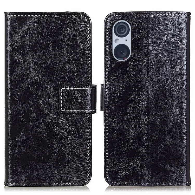 Для Sony Xperia 5 V Crazy Horse Texture PU Leather Shell Retro Wallet Stand Phone Cover - Black
