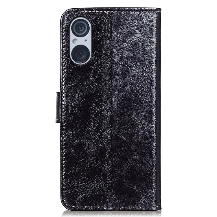 Для Sony Xperia 5 V Crazy Horse Texture PU Leather Shell Retro Wallet Stand Phone Cover - Black