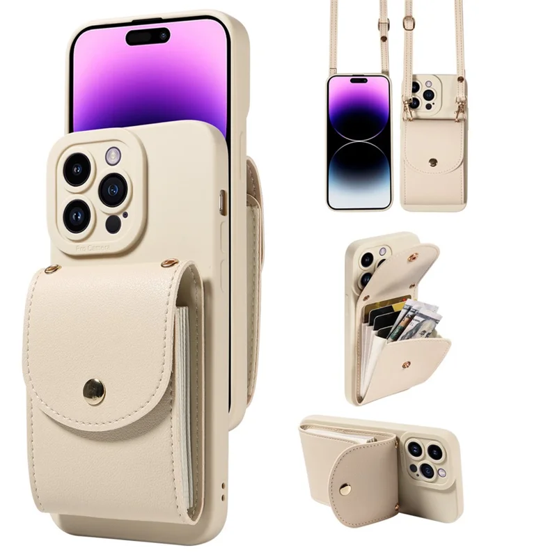 For iPhone 15 Shockproof Case PU Card Holder Kickstand TPU Phone Cover with Shoulder Strap - Beige