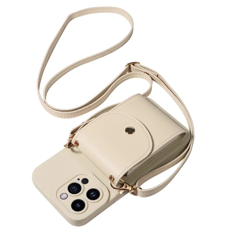 For iPhone 15 Shockproof Case PU Card Holder Kickstand TPU Phone Cover with Shoulder Strap - Beige