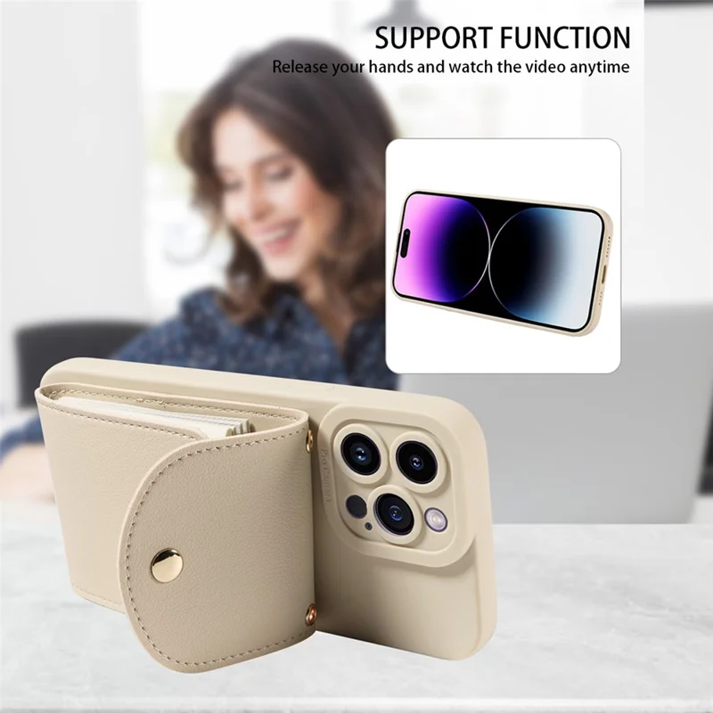 For iPhone 15 Shockproof Case PU Card Holder Kickstand TPU Phone Cover with Shoulder Strap - Beige
