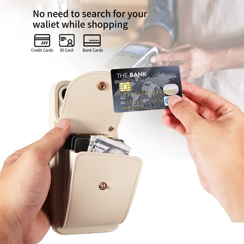 For iPhone 15 Shockproof Case PU Card Holder Kickstand TPU Phone Cover with Shoulder Strap - Beige