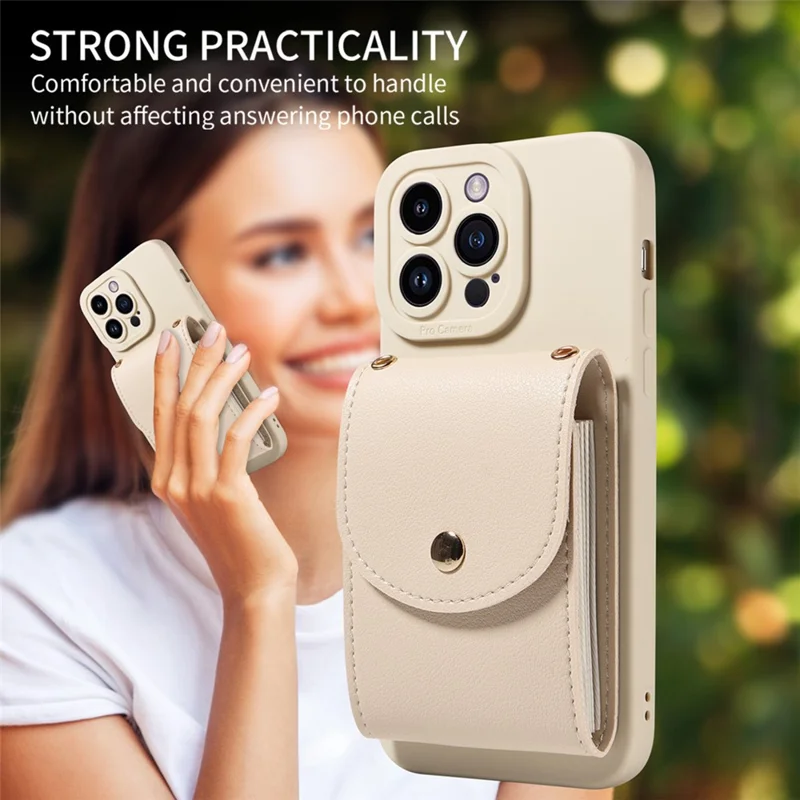 For iPhone 15 Shockproof Case PU Card Holder Kickstand TPU Phone Cover with Shoulder Strap - Beige