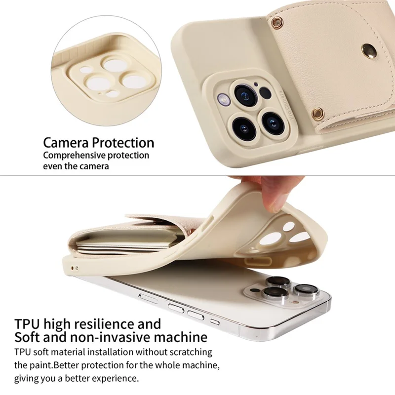 For iPhone 15 Shockproof Case PU Card Holder Kickstand TPU Phone Cover with Shoulder Strap - Beige