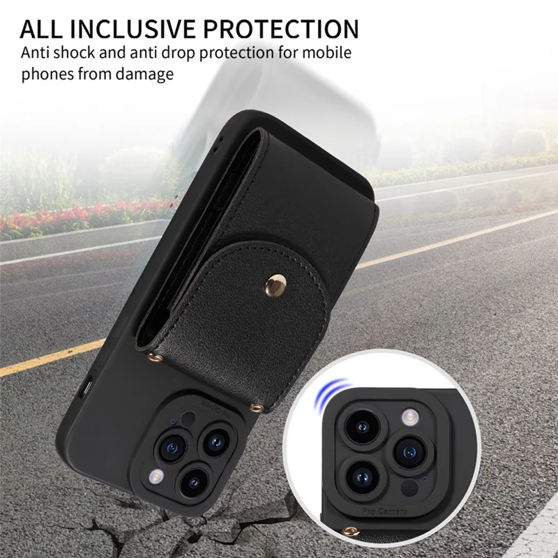 For iPhone 15 Shockproof Case PU Card Holder Kickstand TPU Phone Cover with Shoulder Strap - Beige