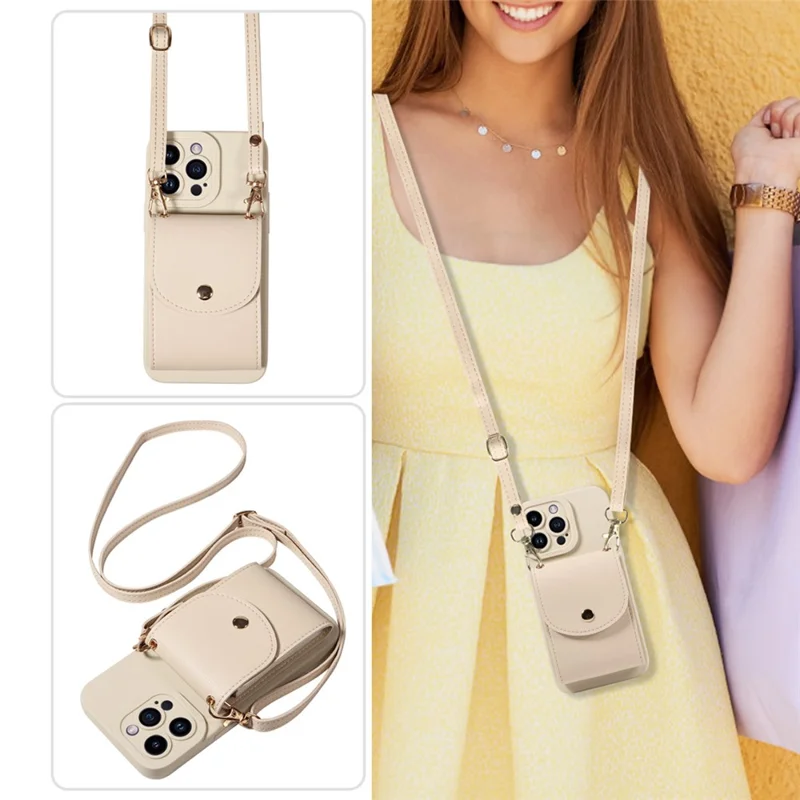 For iPhone 15 Shockproof Case PU Card Holder Kickstand TPU Phone Cover with Shoulder Strap - Beige