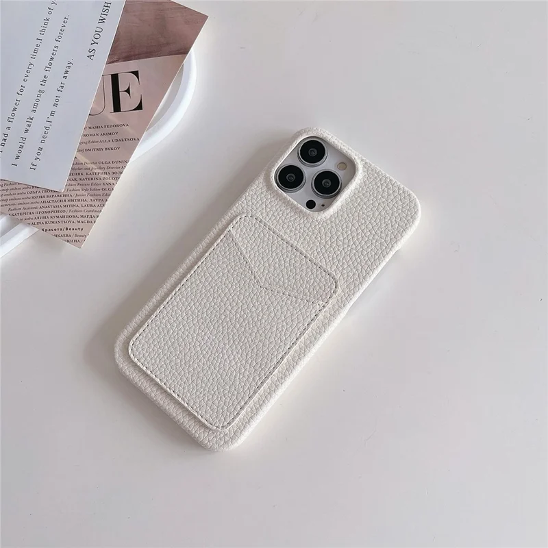 For iPhone 15 Litchi Texture PU+TPU Phone Case Protective Phone Cover with Card Holder - White