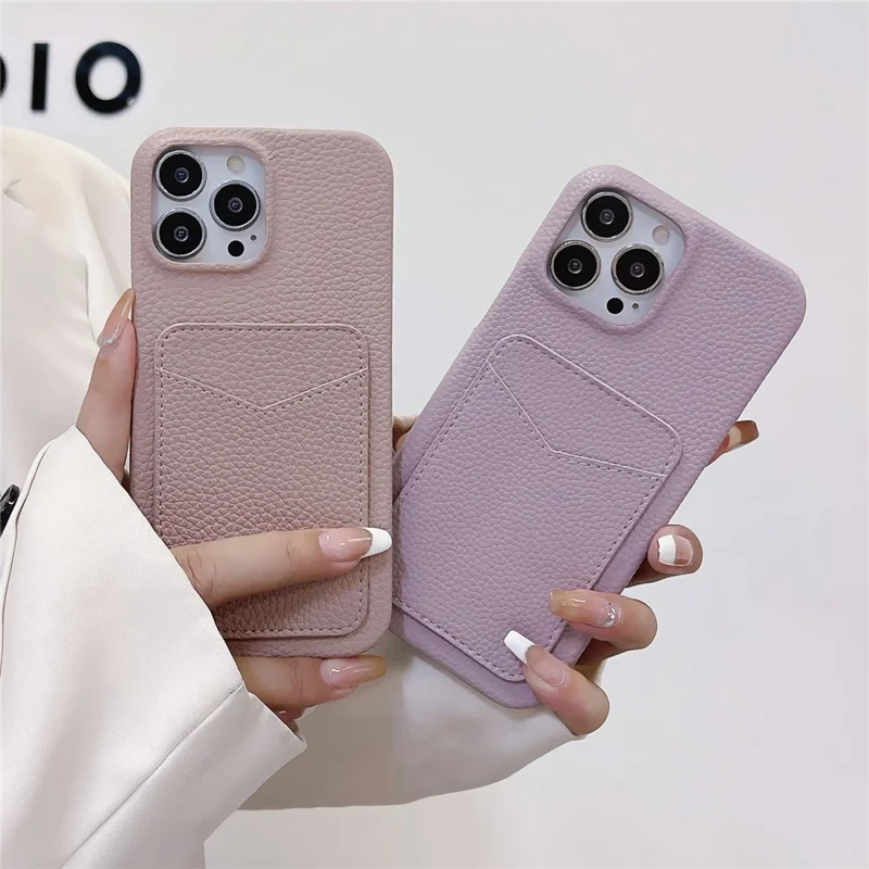 For iPhone 15 Litchi Texture PU+TPU Phone Case Protective Phone Cover with Card Holder - White