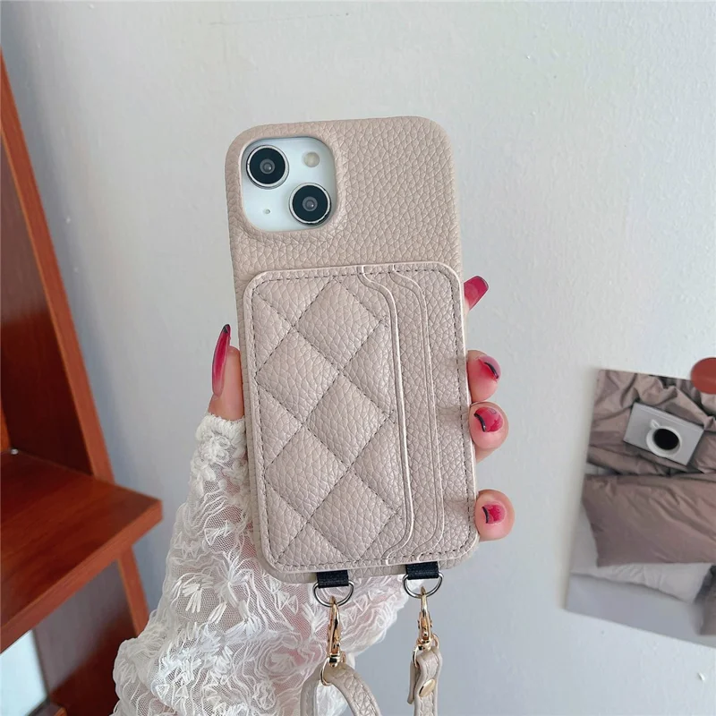 Pour iPhone 15 Litchi Texture PU+TPU Phone Case Rhomboid Stitching Card Holder Phone Shell with Shoulder Strap - Light Khaki