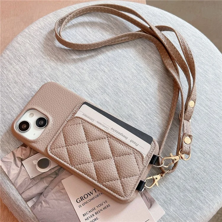 Pour iPhone 15 Litchi Texture PU+TPU Phone Case Rhomboid Stitching Card Holder Phone Shell with Shoulder Strap - Light Khaki