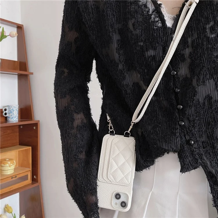 Pour iPhone 15 Litchi Texture PU+TPU Phone Case Rhomboid Stitching Card Holder Phone Shell with Shoulder Strap - Light Khaki