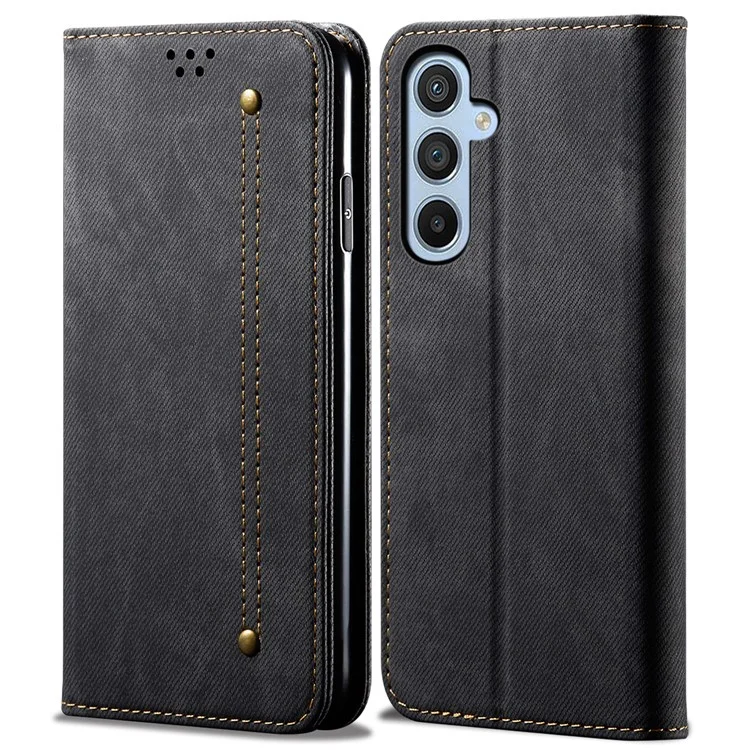 Für Samsung Galaxy M34 5G / F34 5G Jeans Cloth Texture Phone Stand Cover Wallet Phone Case PU Leather Shell - Schwarz