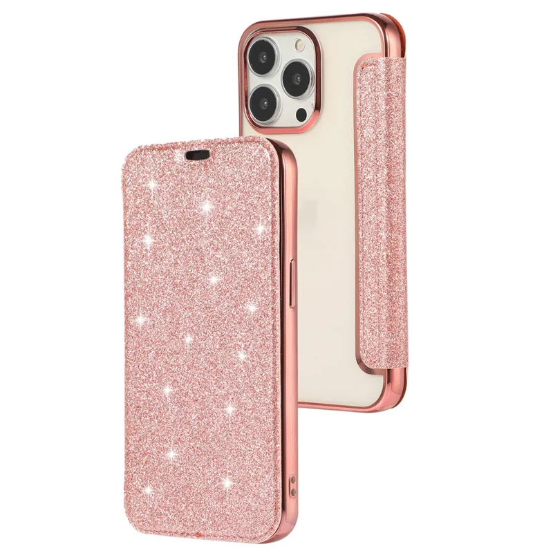 Stand Case for iPhone 15 Pro Max , Card Holder Glitter Powder PU Leather+TPU Transparent Phone Cover - Rose Gold