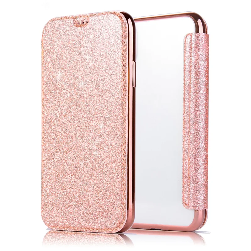 Stand Case for iPhone 15 Pro Max , Card Holder Glitter Powder PU Leather+TPU Transparent Phone Cover - Rose Gold
