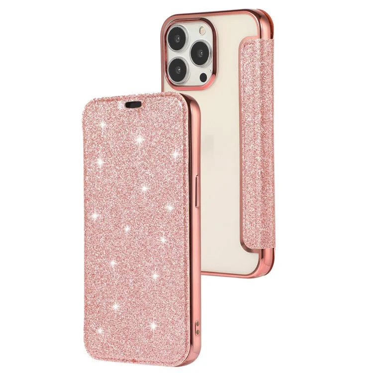 Estuche soporte para tarjetas para iPhone 15, funda de teléfono de cuero sintético con purpurina y TPU transparente - Oro rosa