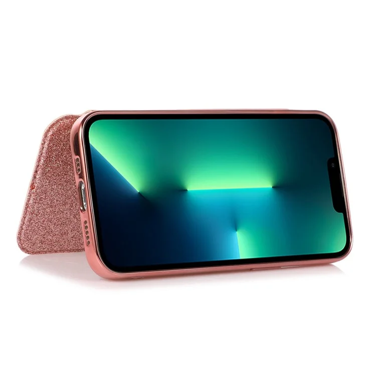 Estuche soporte para tarjetas para iPhone 15, funda de teléfono de cuero sintético con purpurina y TPU transparente - Oro rosa