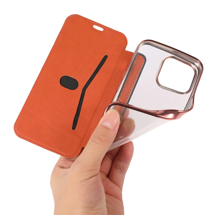 Estuche soporte para tarjetas para iPhone 15, funda de teléfono de cuero sintético con purpurina y TPU transparente - Oro rosa