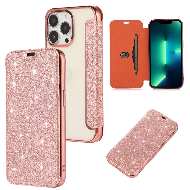 Estuche soporte para tarjetas para iPhone 15, funda de teléfono de cuero sintético con purpurina y TPU transparente - Oro rosa