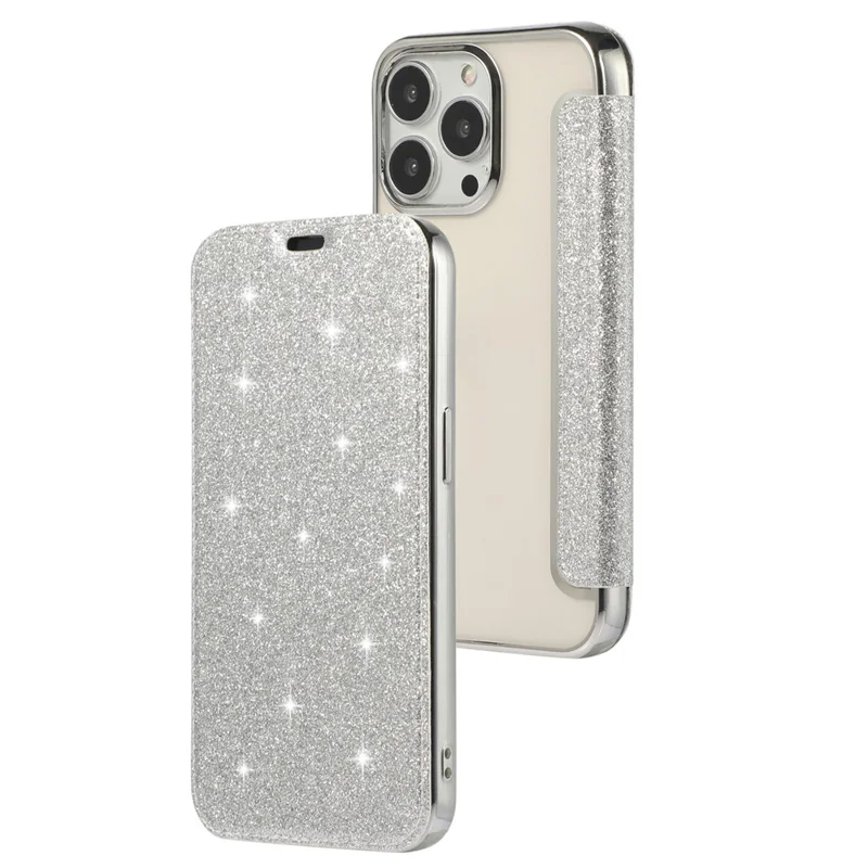 Stand Case for iPhone 15 Pro , Card Holder Glitter Powder Anti-scratch PU Leather+TPU Transparent Phone Cover - Silver