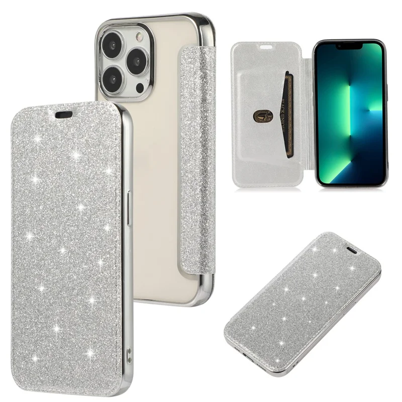Stand Case for iPhone 15 Pro , Card Holder Glitter Powder Anti-scratch PU Leather+TPU Transparent Phone Cover - Silver