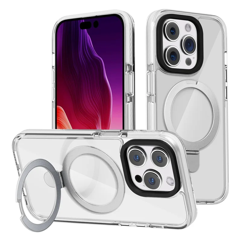 For iPhone 15 Pro TPU+Acrylic Transparent Phone Case Metal Ring Kickstand Cover Compatible with MagSafe - White