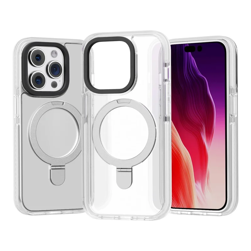 For iPhone 15 Pro TPU+Acrylic Transparent Phone Case Metal Ring Kickstand Cover Compatible with MagSafe - White