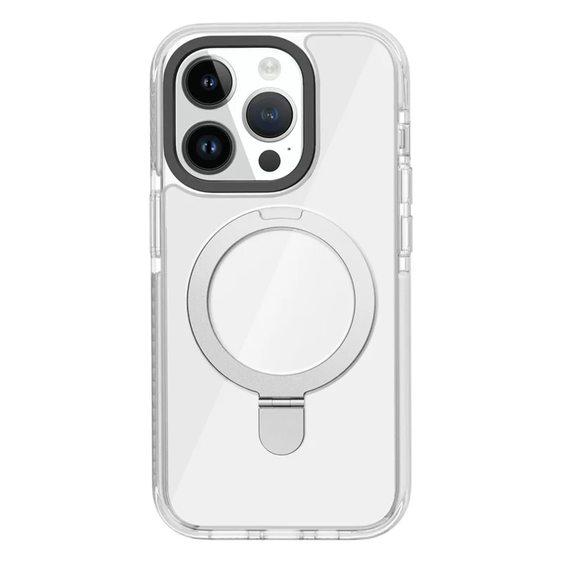 For iPhone 15 Pro TPU+Acrylic Transparent Phone Case Metal Ring Kickstand Cover Compatible with MagSafe - White