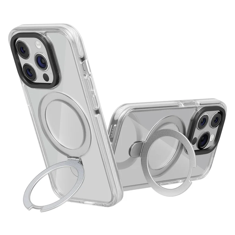 For iPhone 15 Pro TPU+Acrylic Transparent Phone Case Metal Ring Kickstand Cover Compatible with MagSafe - White