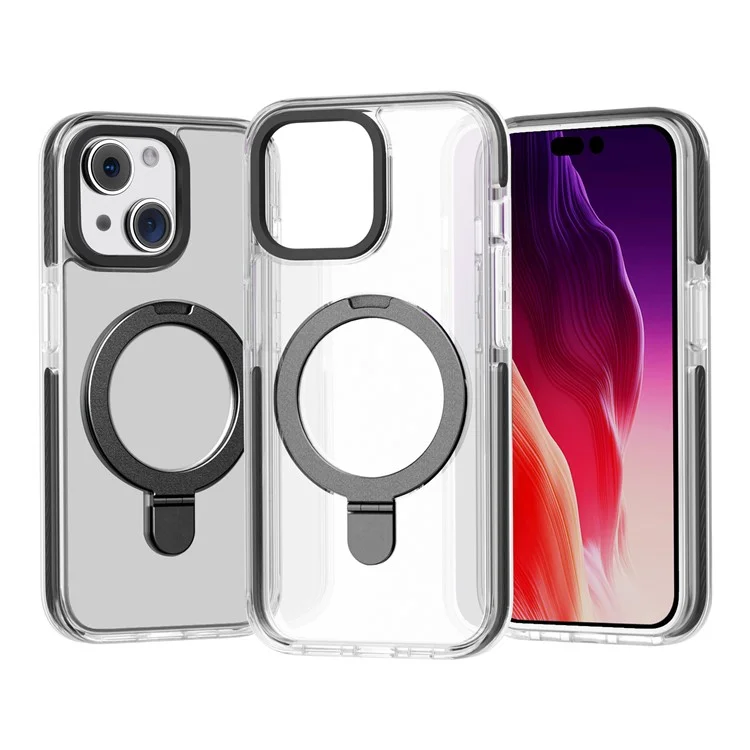 For iPhone 15 Plus Anti-scratch TPU+Acrylic Phone Back Case Compatible with MagSafe Kickstand Clear Phone Cover - Black