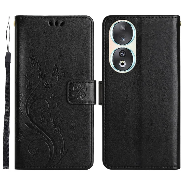 For Honor 90 PU Leather Wallet Cover Drop-proof Butterfly Imprinted Flip Stand Phone Case - Black