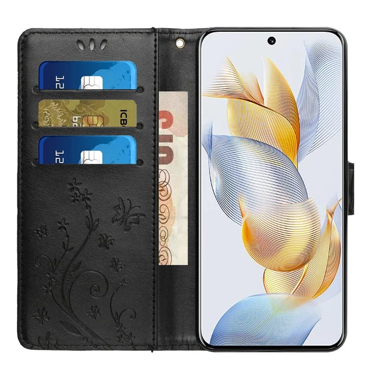 For Honor 90 PU Leather Wallet Cover Drop-proof Butterfly Imprinted Flip Stand Phone Case - Black