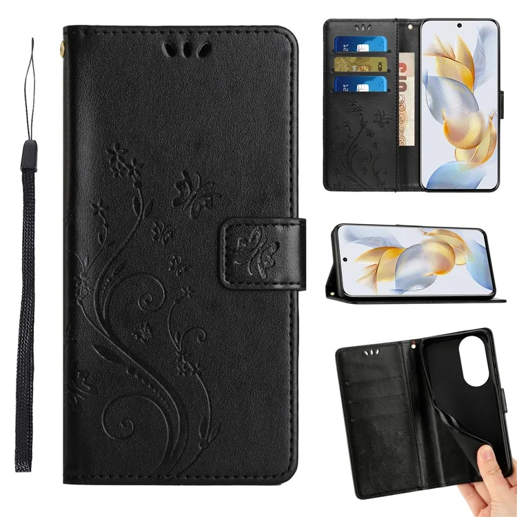 For Honor 90 PU Leather Wallet Cover Drop-proof Butterfly Imprinted Flip Stand Phone Case - Black