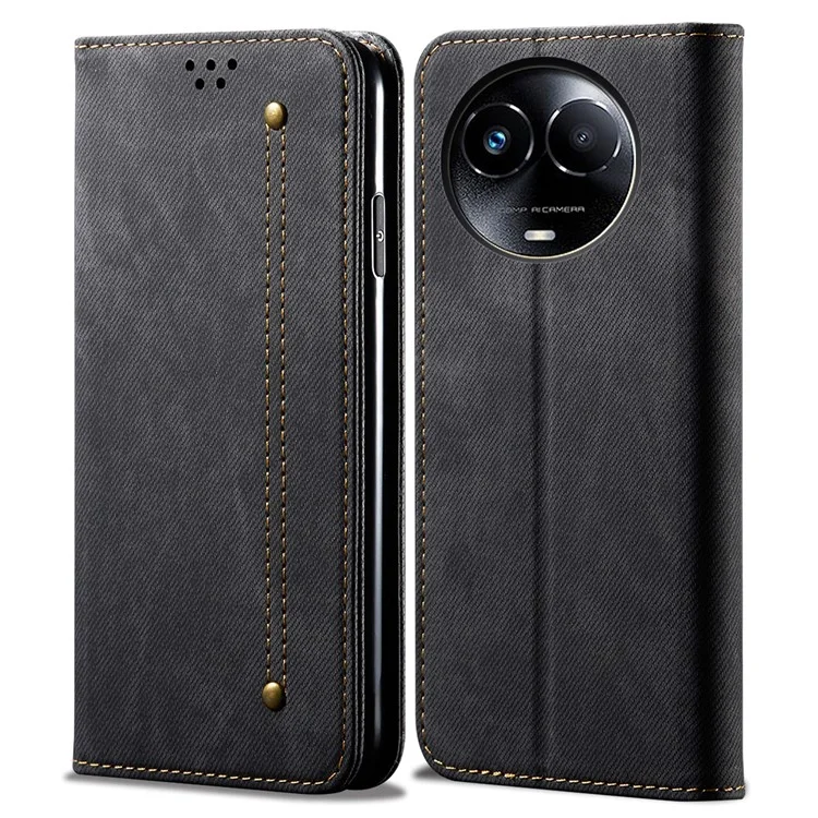 Pour Realme 11x 5G / 11 5G (Global) Jeans Cloth Texture Phone Stand Cover PU Leather Wallet Case - Noir