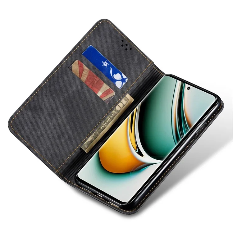 Pour Realme 11x 5G / 11 5G (Global) Jeans Cloth Texture Phone Stand Cover PU Leather Wallet Case - Noir