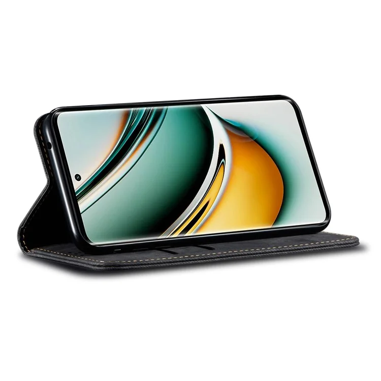 Pour Realme 11x 5G / 11 5G (Global) Jeans Cloth Texture Phone Stand Cover PU Leather Wallet Case - Noir