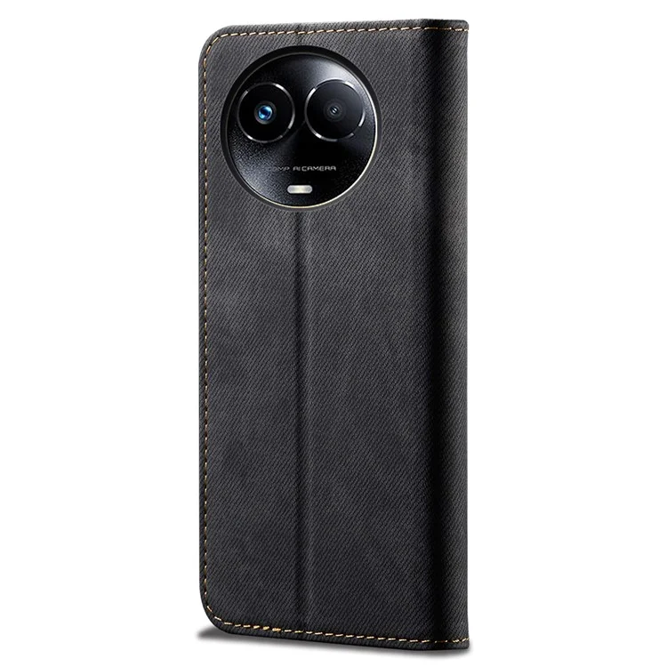 Pour Realme 11x 5G / 11 5G (Global) Jeans Cloth Texture Phone Stand Cover PU Leather Wallet Case - Noir