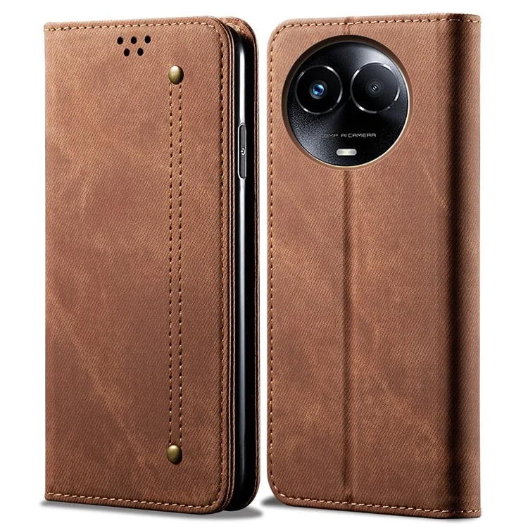 Para Realme 11x 5G / 11 5G (Global) Jeans Cloth Texture Phone Stand Cover PU Leather Wallet Case - Coffee