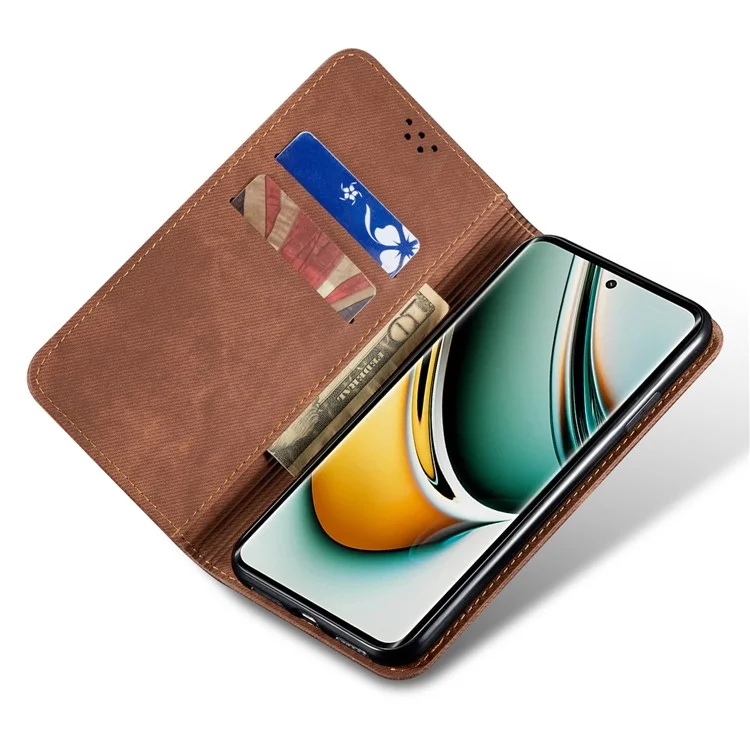Para Realme 11x 5G / 11 5G (Global) Jeans Cloth Texture Phone Stand Cover PU Leather Wallet Case - Coffee